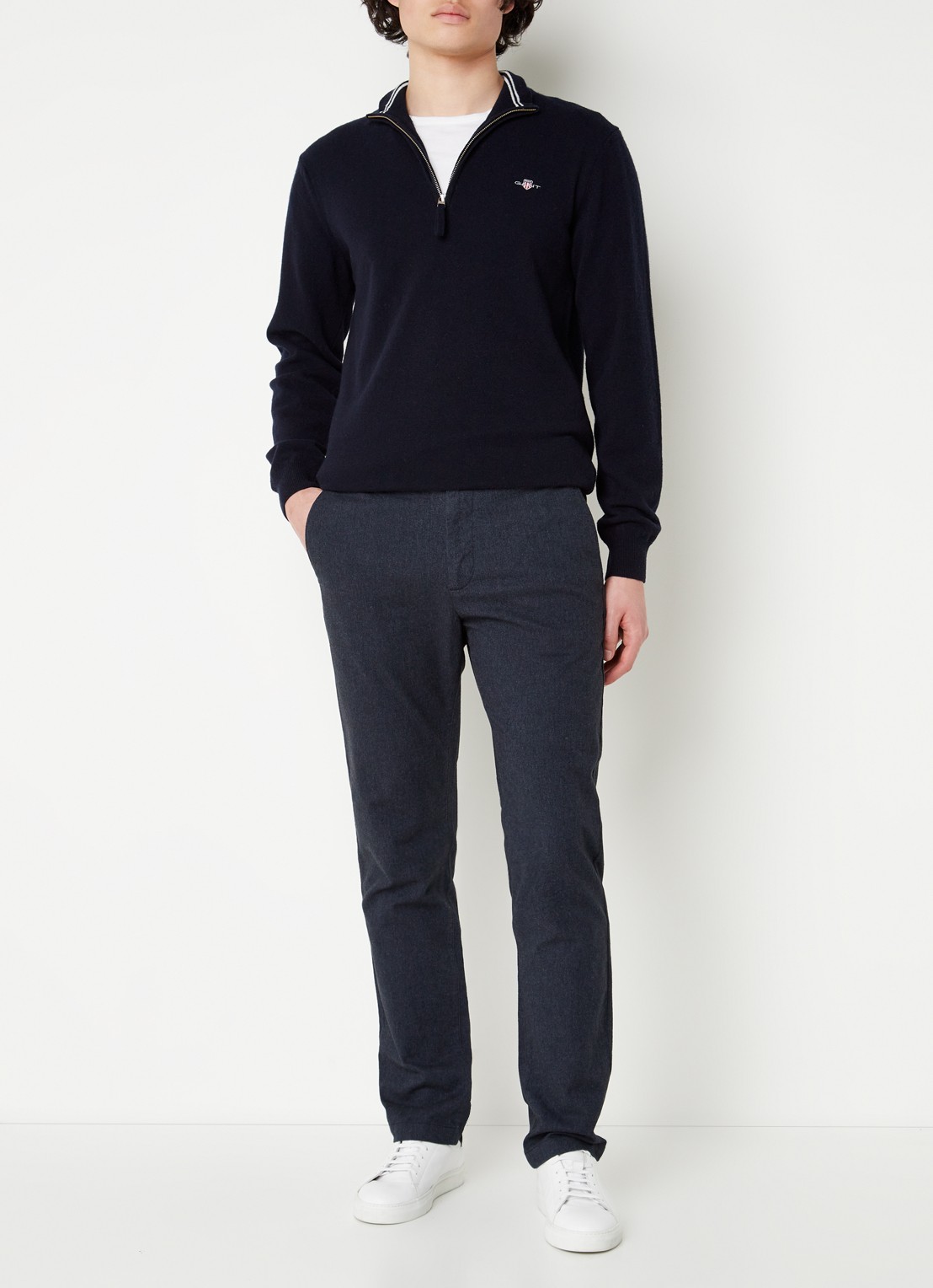 Gant Fijngebreide pullover van wol met halve rits - voorkant 2 donkerblauw