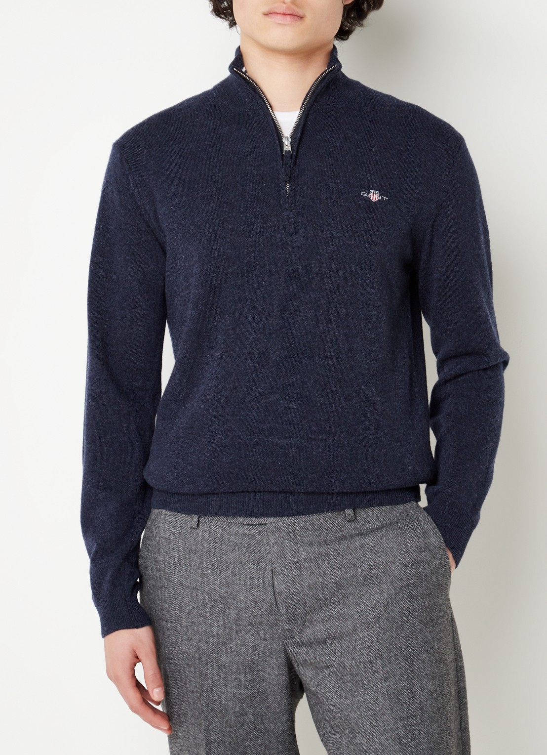 Gant Fijngebreide pullover van wol met halve rits - detail indigo