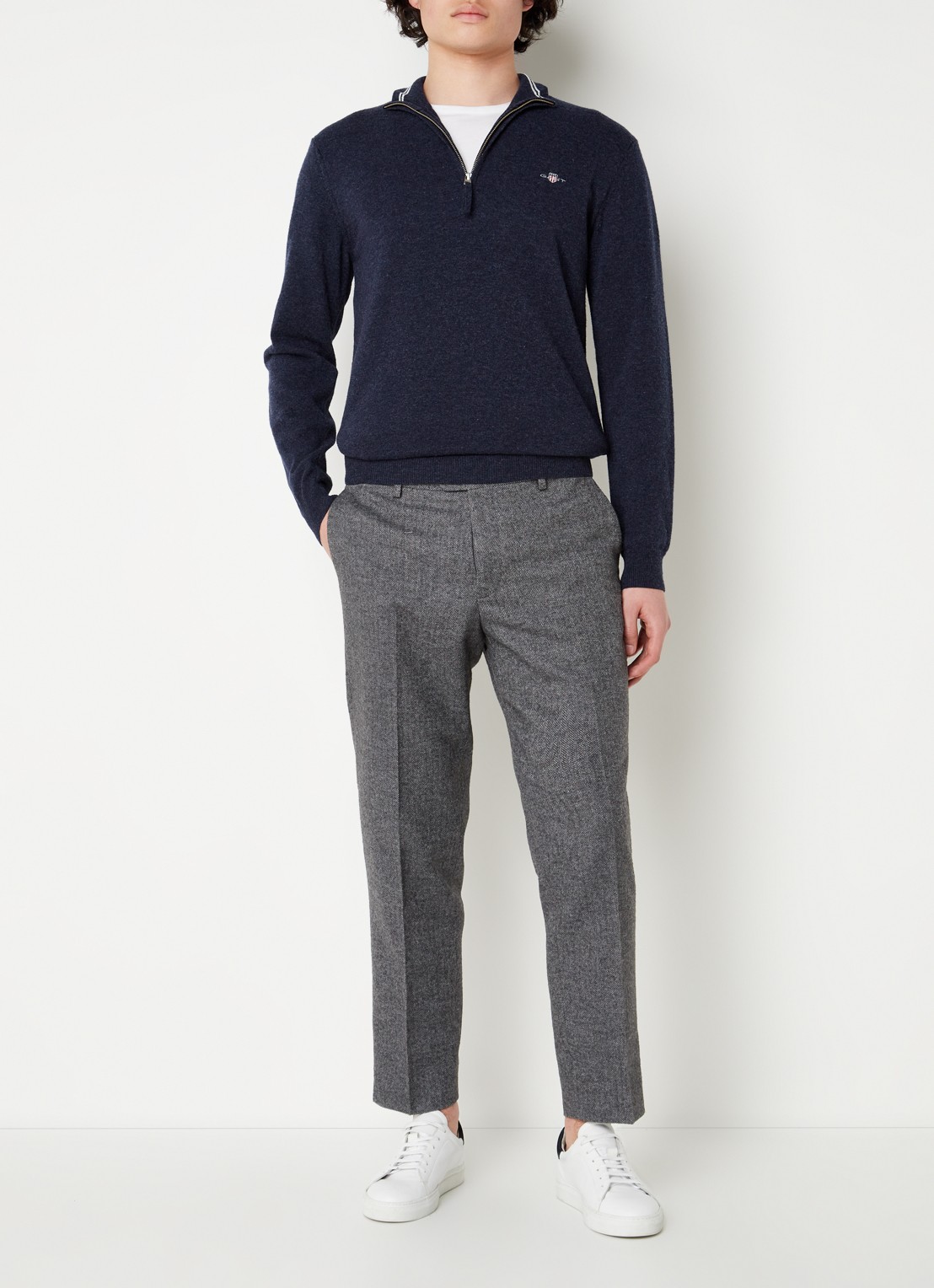 Gant Fijngebreide pullover van wol met halve rits - voorkant 4 indigo