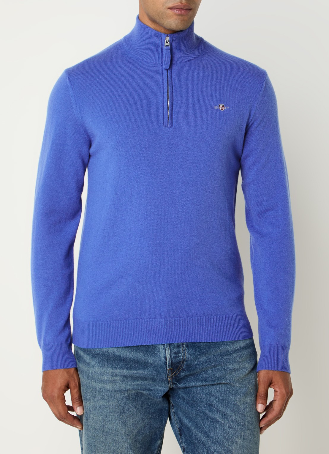 Gant Fijngebreide pullover van wol met halve rits - detail royalblauw