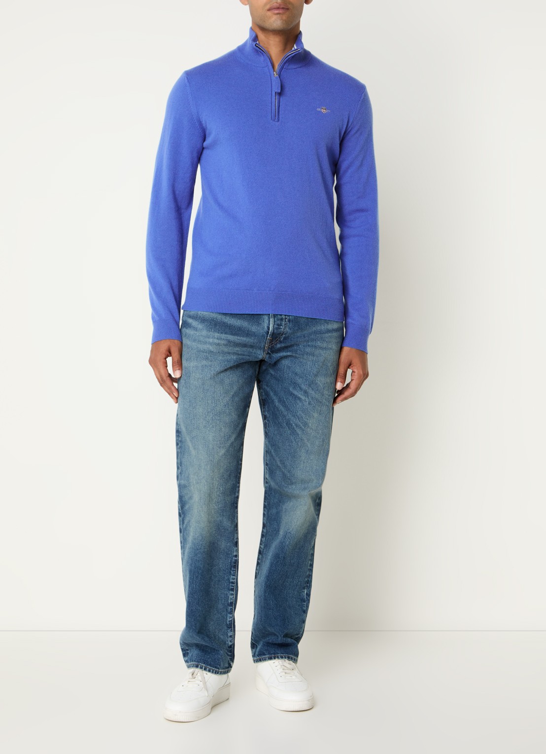 Gant Fijngebreide pullover van wol met halve rits - voorkant 3 royalblauw
