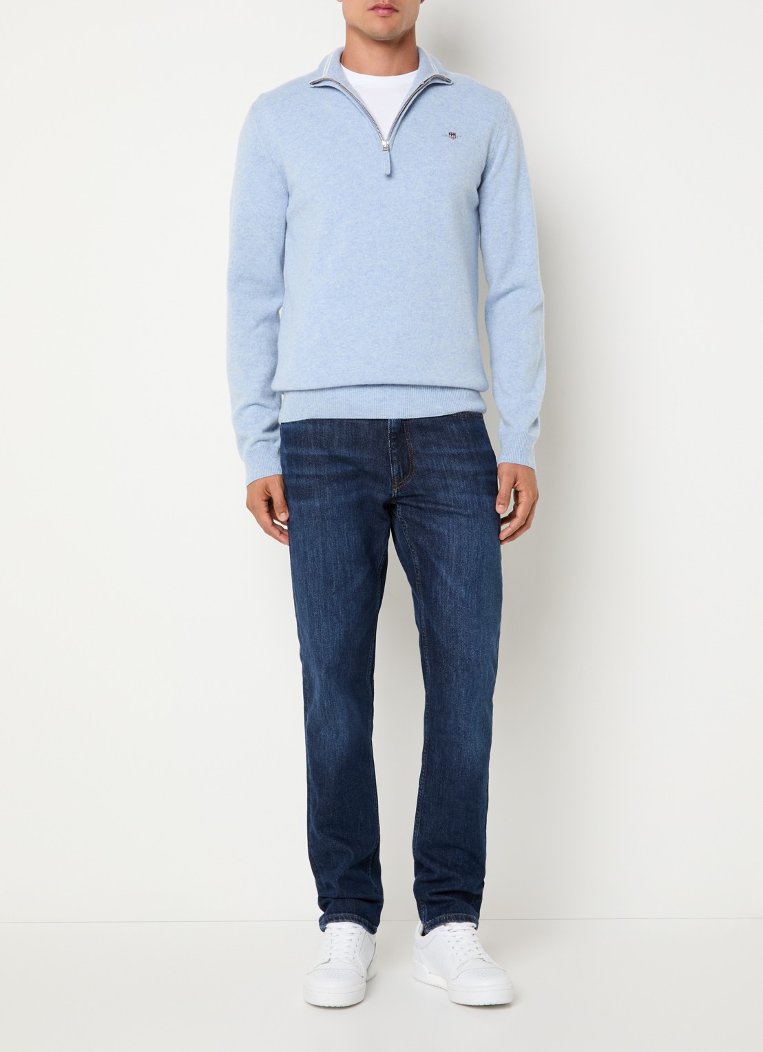 Gant Fijngebreide pullover van wol met halve rits - voorkant 2 lichtblauw