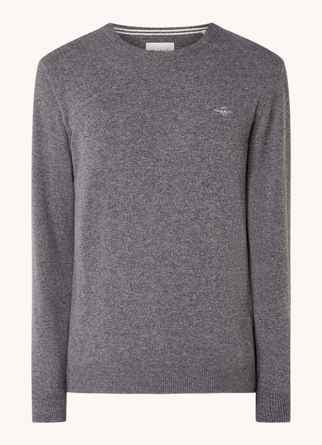 Gant Fijngebreide pullover van wol met logoborduring - voorkant 3 donkergrijs