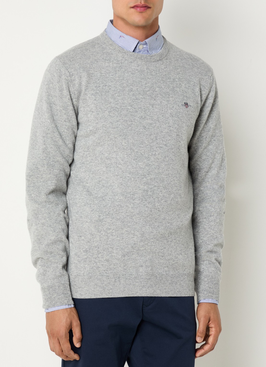 Gant Fijngebreide pullover van wol met logoborduring - detail 3 grijsmele