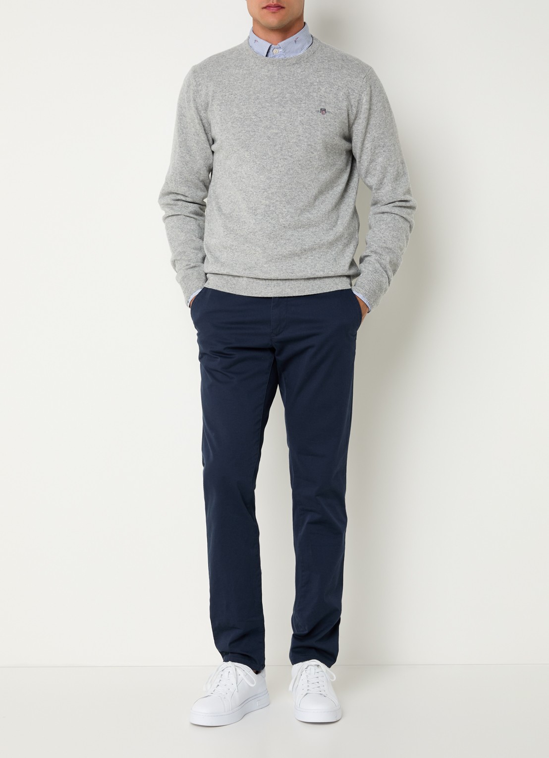 Gant Fijngebreide pullover van wol met logoborduring - voorkant 2 grijsmele