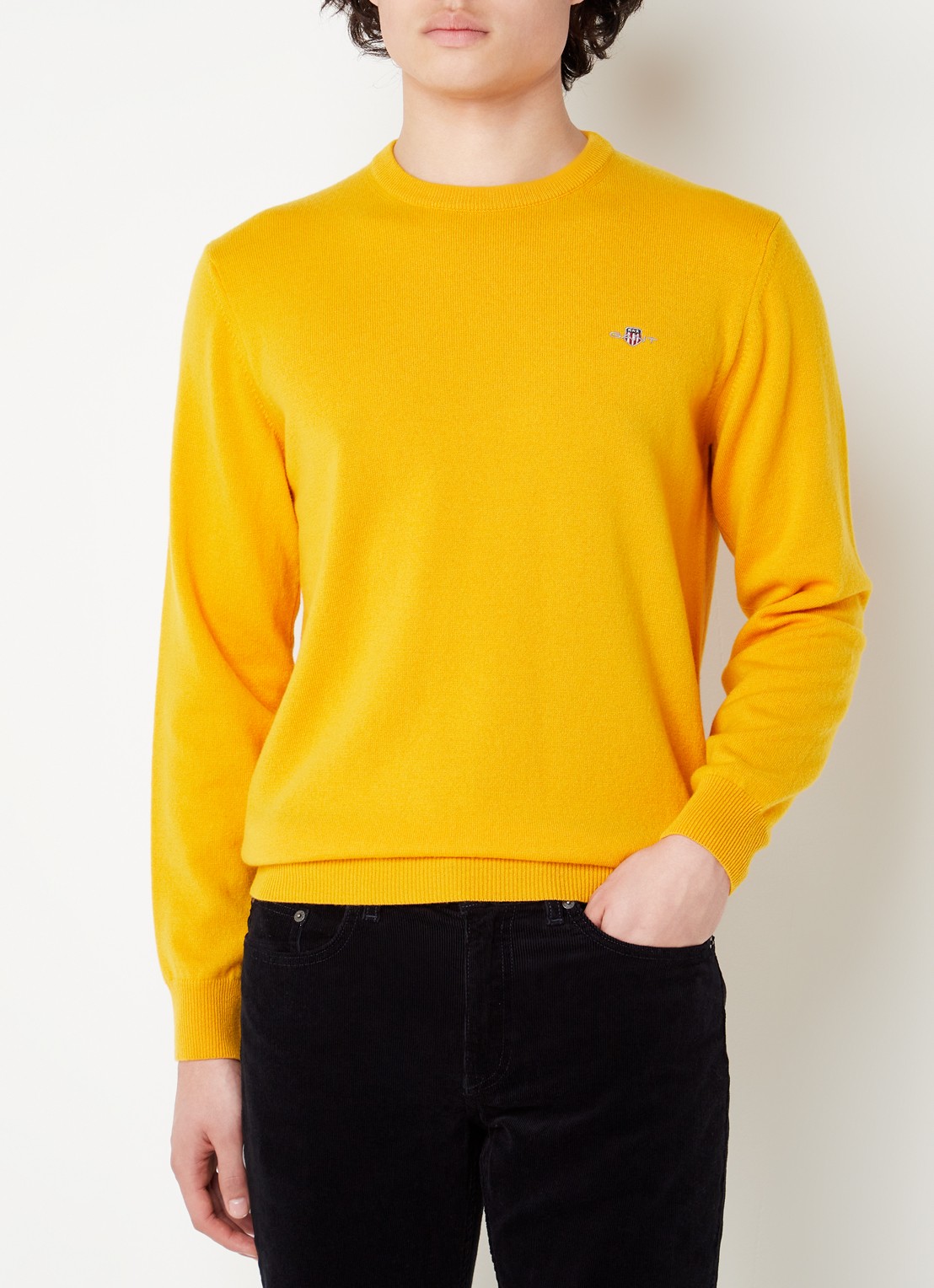 Gant Fijngebreide pullover van wol met logoborduring - detail donkergeel