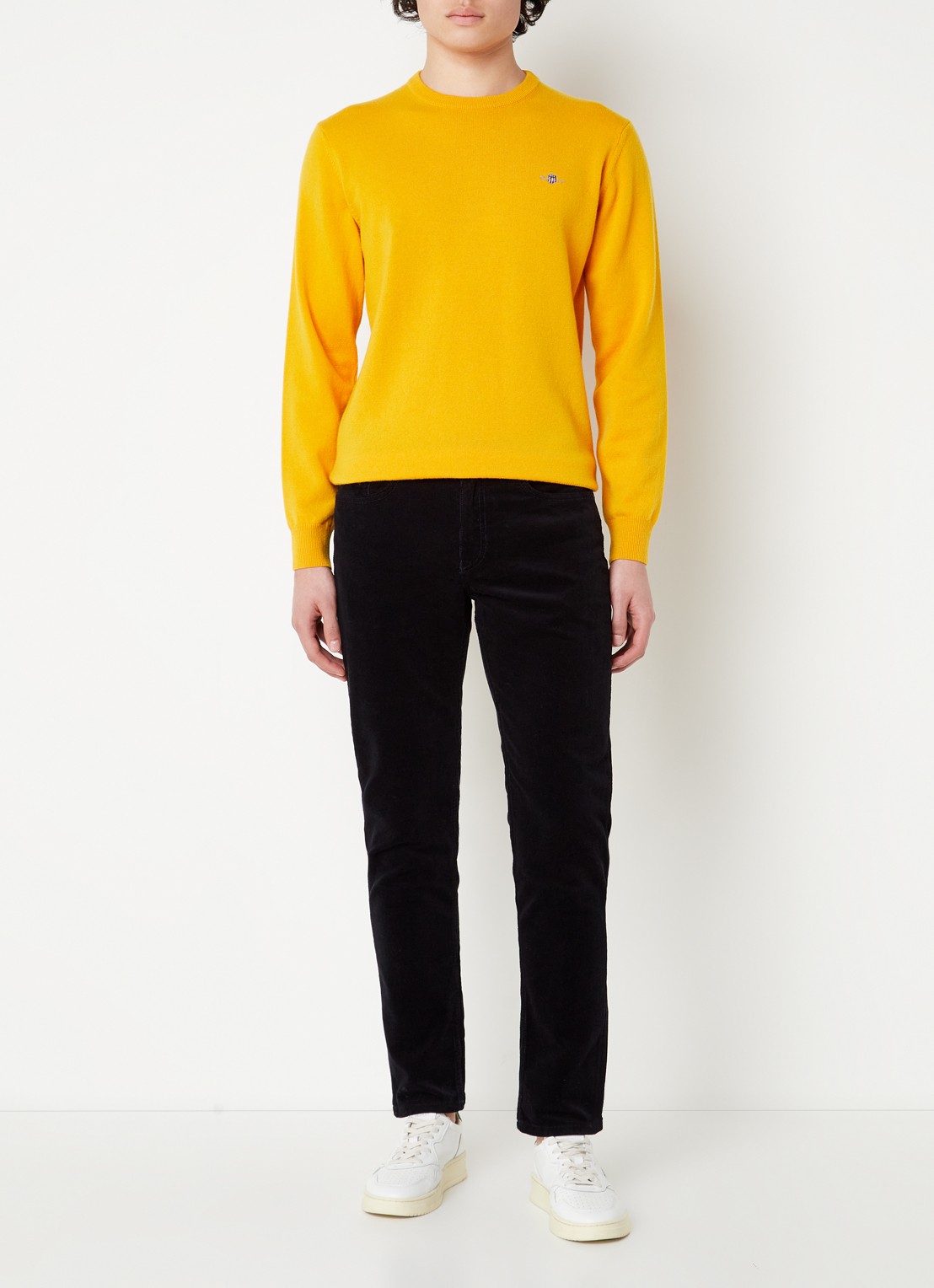 Gant Fijngebreide pullover van wol met logoborduring - voorkant 3 donkergeel