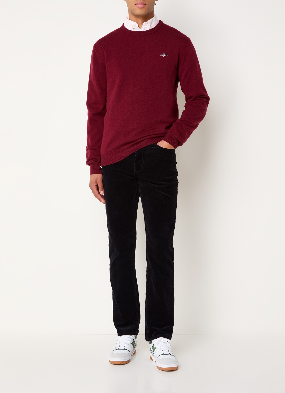 Gant Fijngebreide pullover van wol met logoborduring - voorkant 3 donkerrood