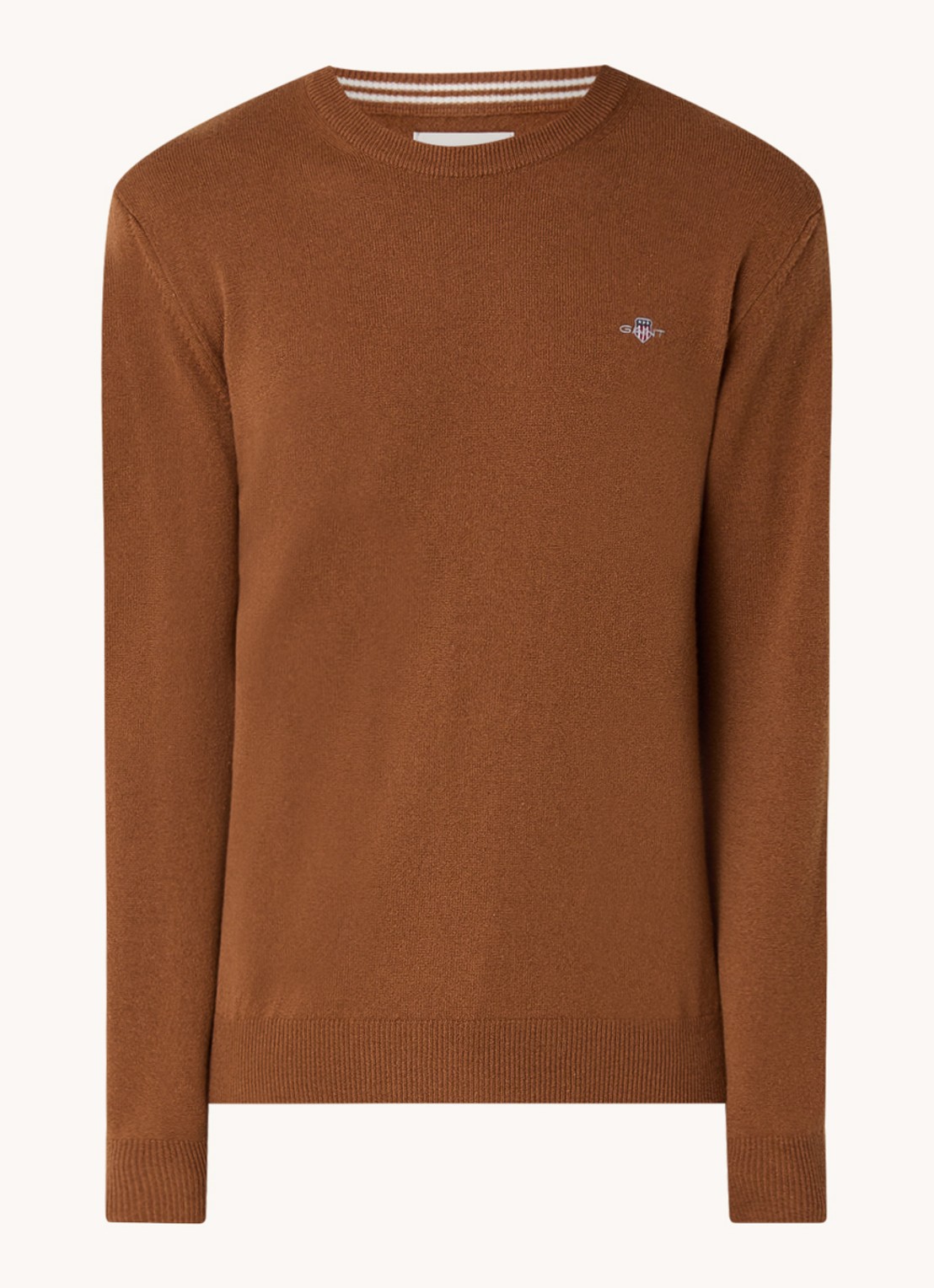 Gant Fijngebreide pullover van wol met logoborduring - voorkant 3 chocoladebruin