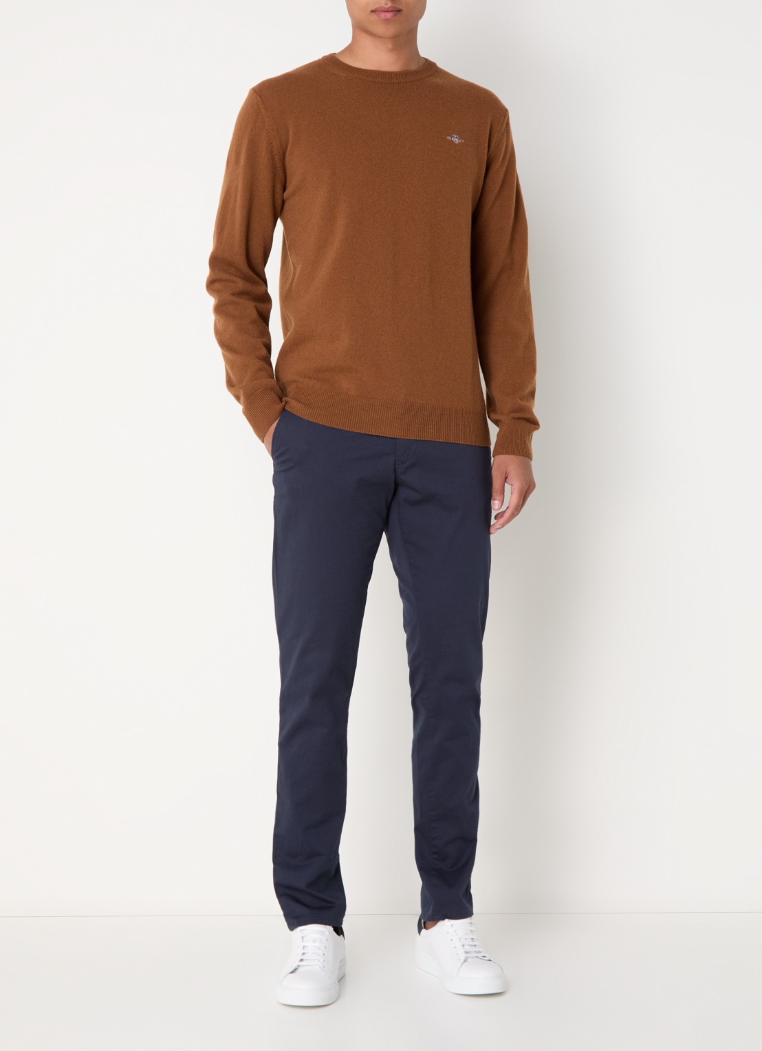 Gant Fijngebreide pullover van wol met logoborduring - voorkant 4 chocoladebruin