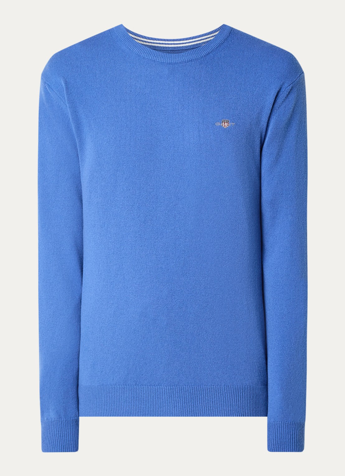 Gant Fijngebreide pullover van wol met logoborduring - voorkant blauw