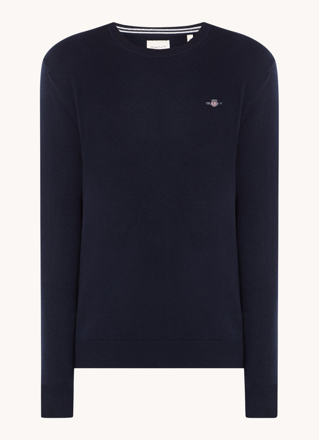 Gant Fijngebreide pullover van wol met logoborduring - voorkant 3 donkerblauw