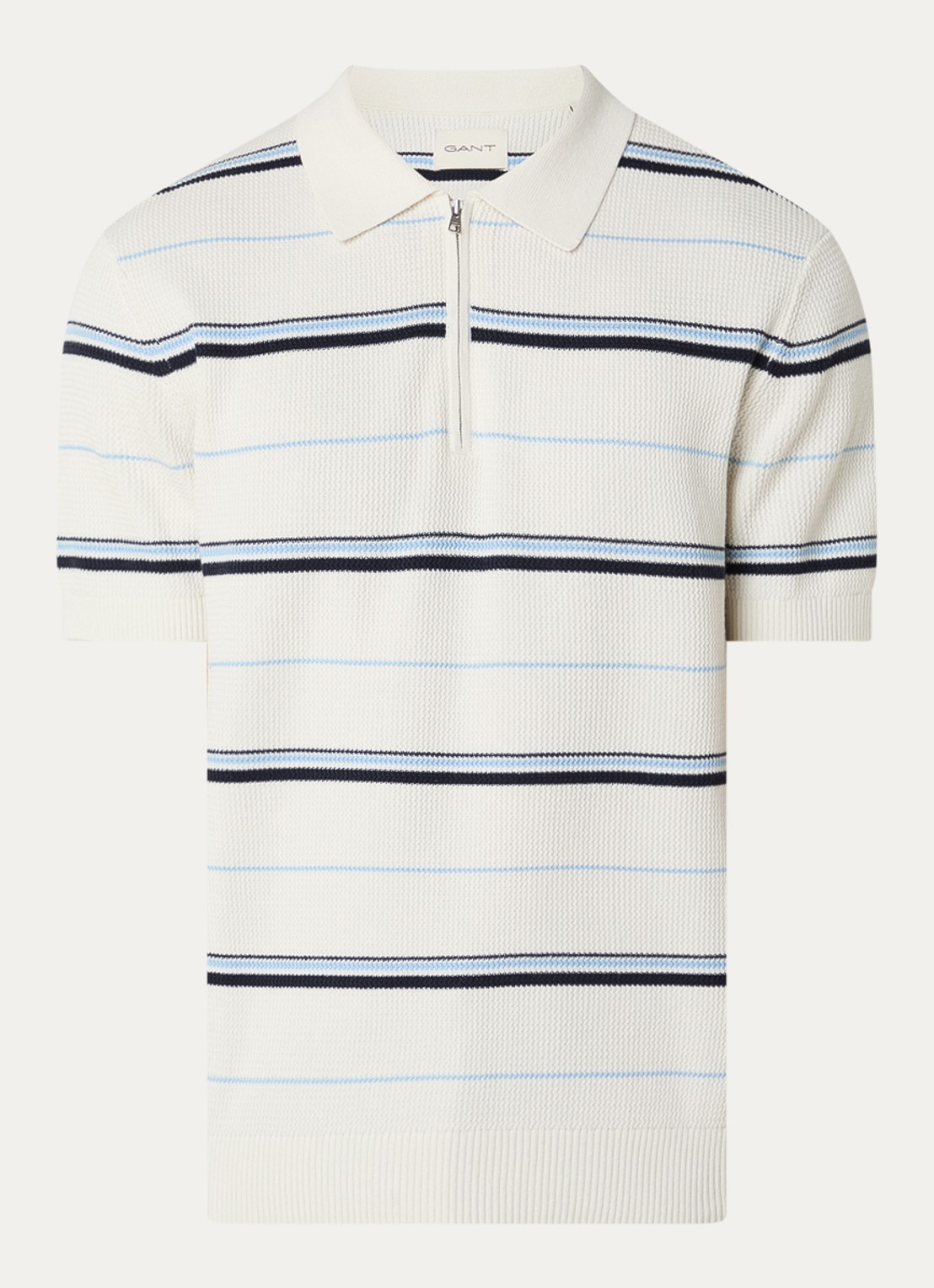 Gant Fijngebreide regular fit polo met streepprint - voorkant 2 gebroken wit