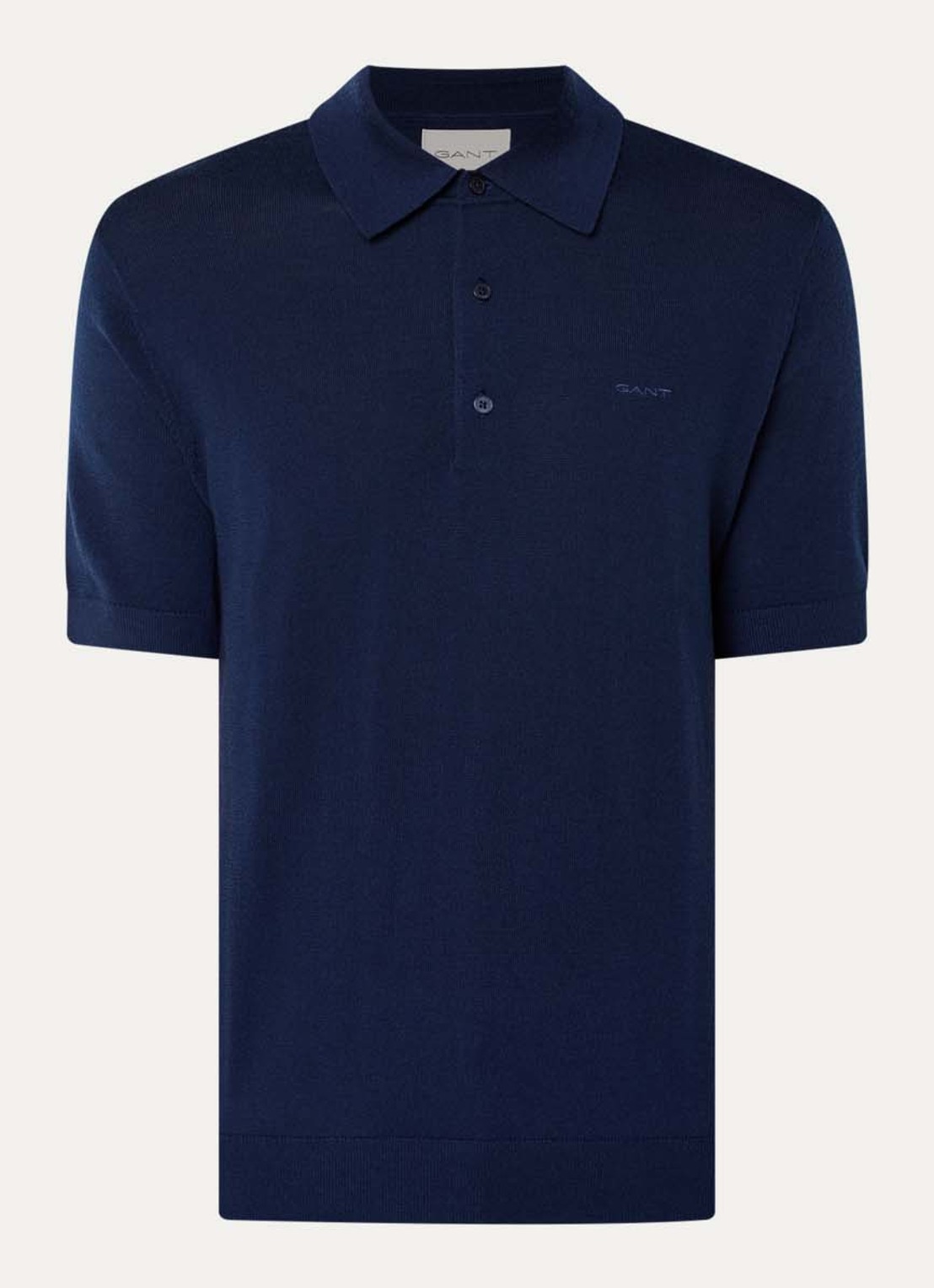 Gant Fijngebreide regular fit polo van merino wol met logoborduring - voorkant 2 donkerblauw