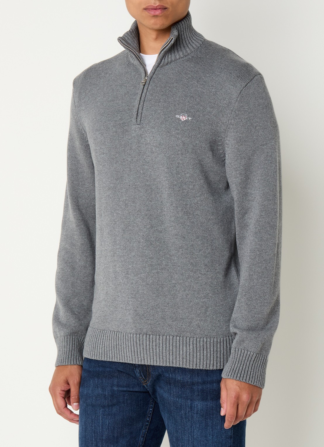Gant Fijngebreide trui met halve rits en logo - detail 2 grijs
