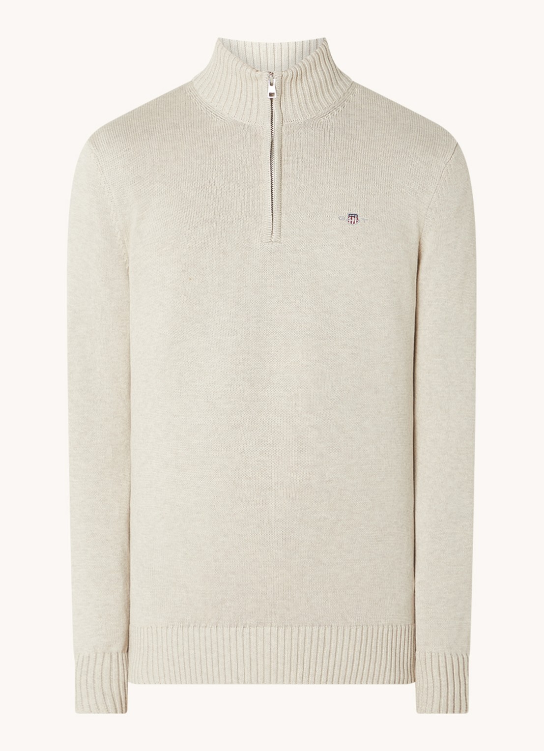 Gant Fijngebreide trui met halve rits en logo - voorkant 3 beige