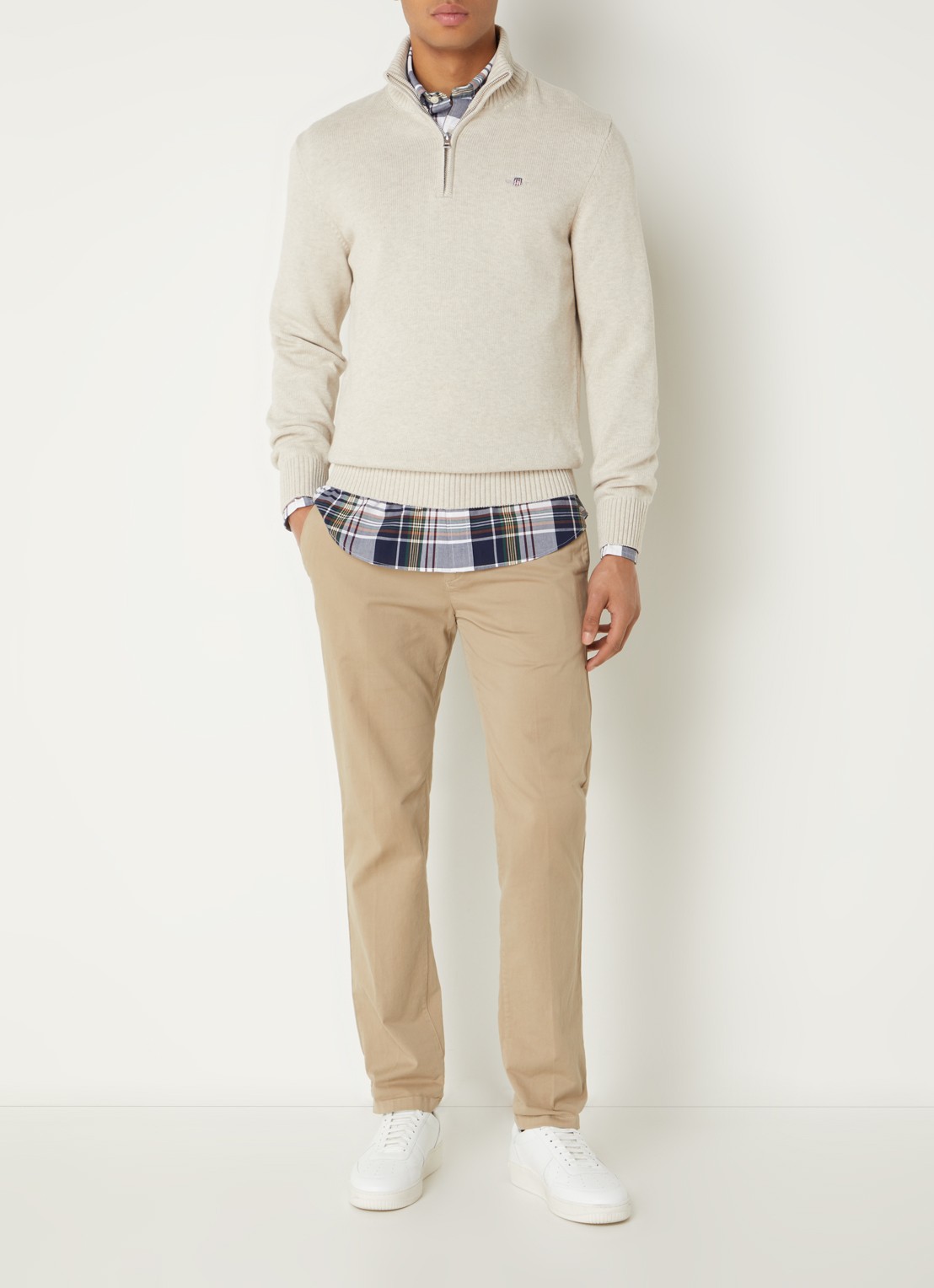 Gant Fijngebreide trui met halve rits en logo - voorkant 4 beige