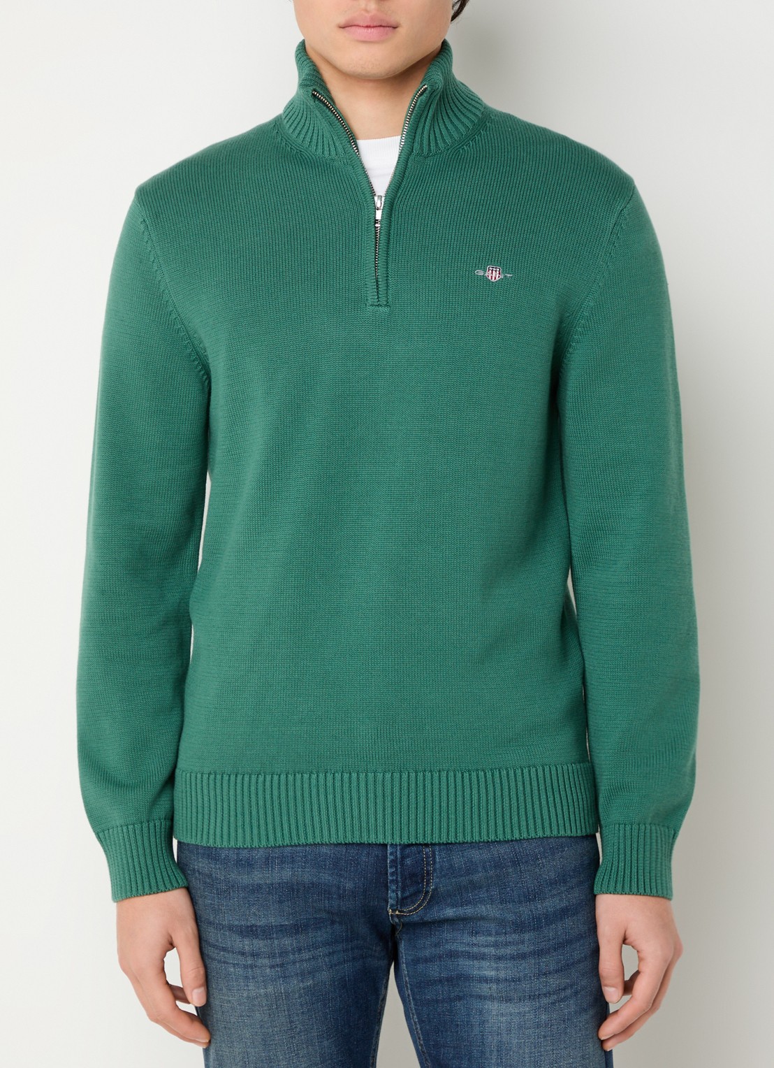 Gant Fijngebreide trui met halve rits en logo - detail groen