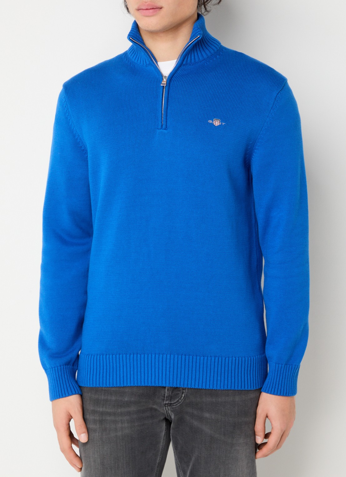 Gant Fijngebreide trui met halve rits en logo - detail 4 donkerblauw