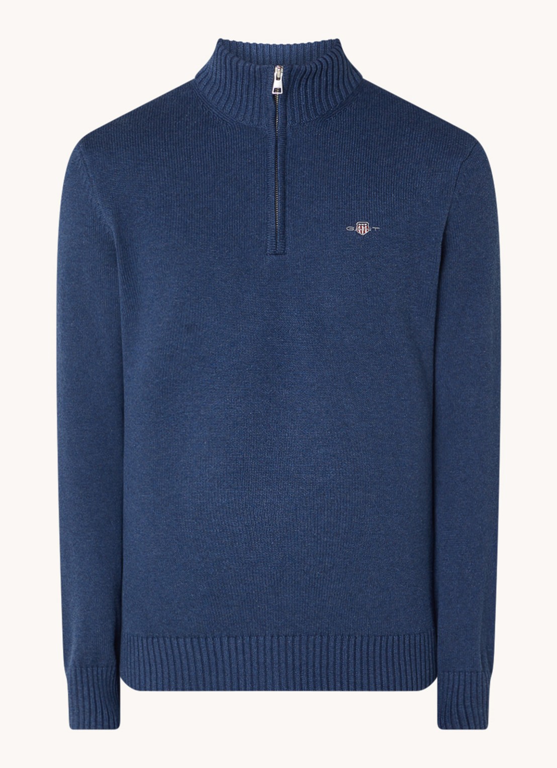 Gant Fijngebreide trui met halve rits en logo - voorkant indigo