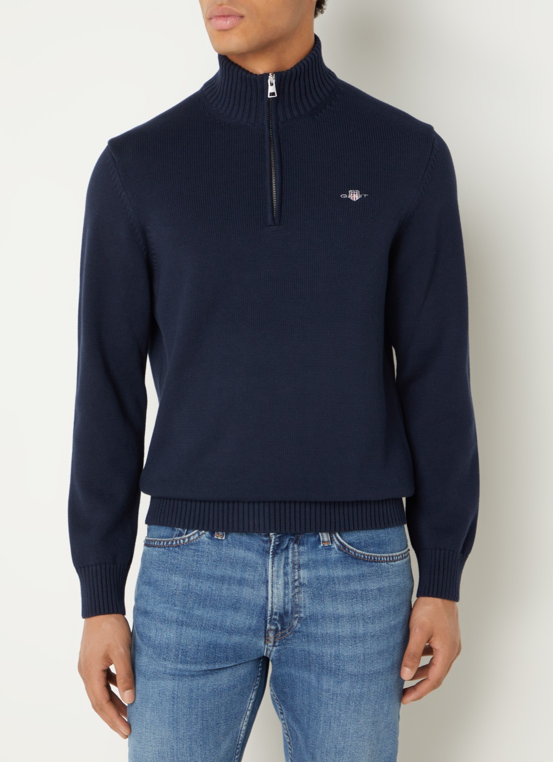 Gant Fijngebreide trui met halve rits en logo - detail 4 donkerblauw