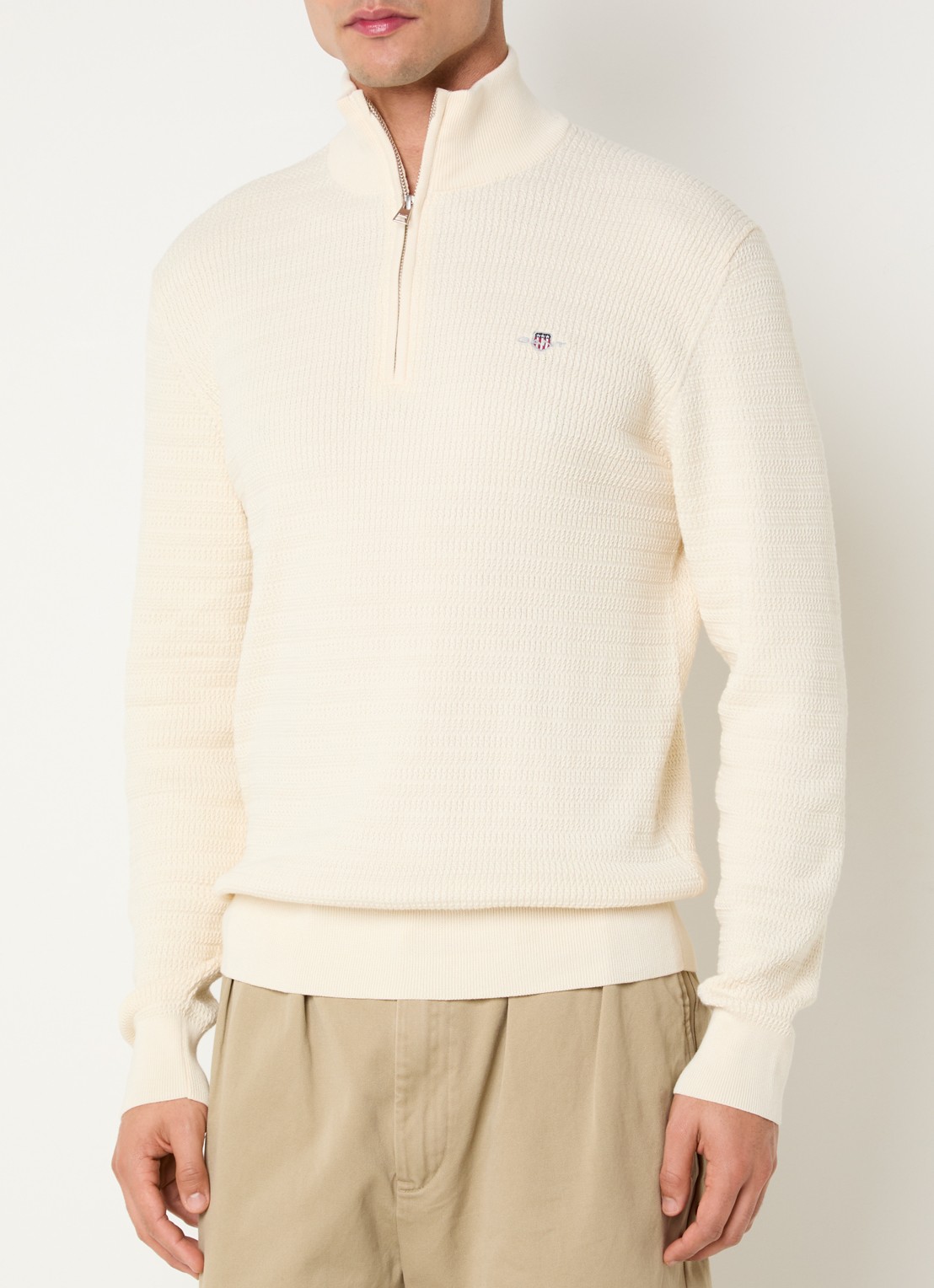Gant Fijngebreide trui met halve rits en logoborduring - detail 4 creme