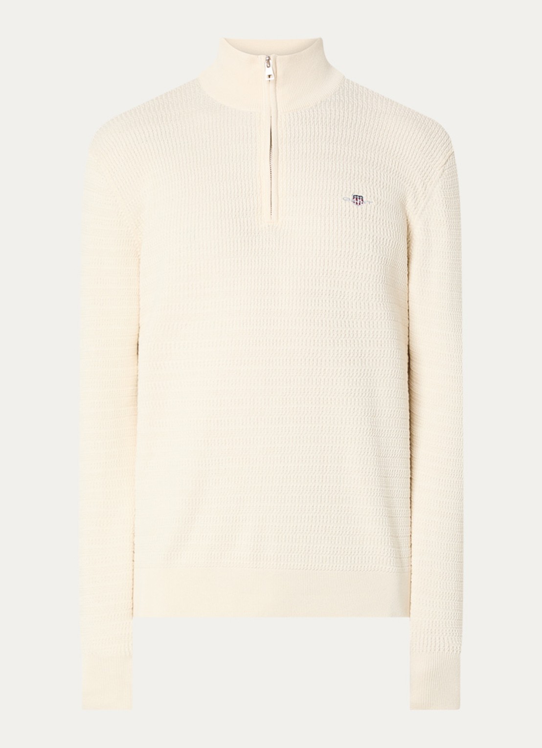 Gant Fijngebreide trui met halve rits en logoborduring - voorkant 2 creme