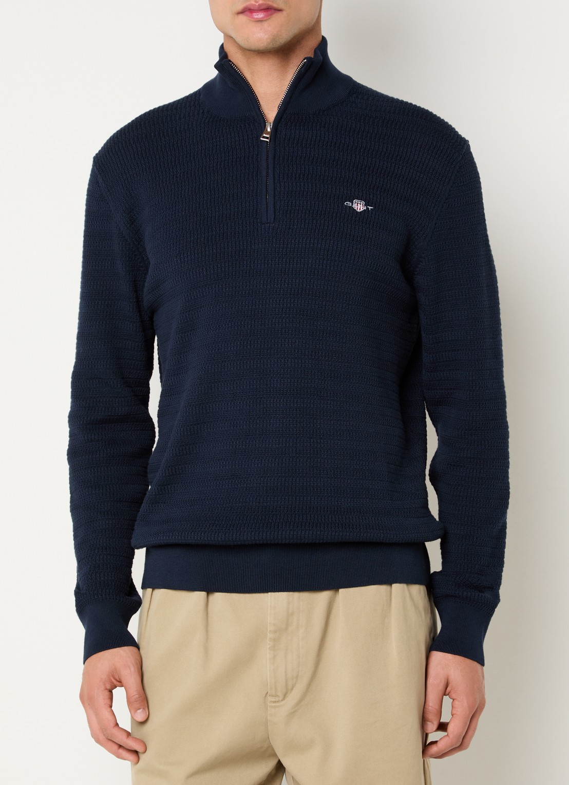 Gant Fijngebreide trui met halve rits en logoborduring - detail 3 donkerblauw