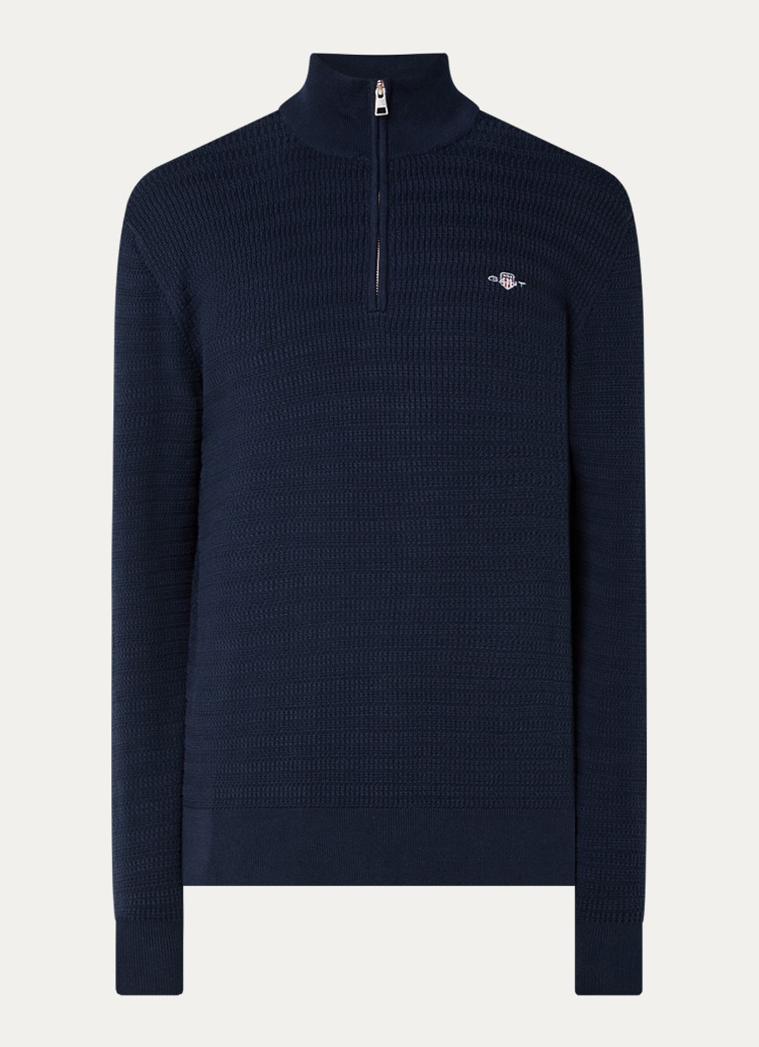 Gant Fijngebreide trui met halve rits en logoborduring - voorkant donkerblauw