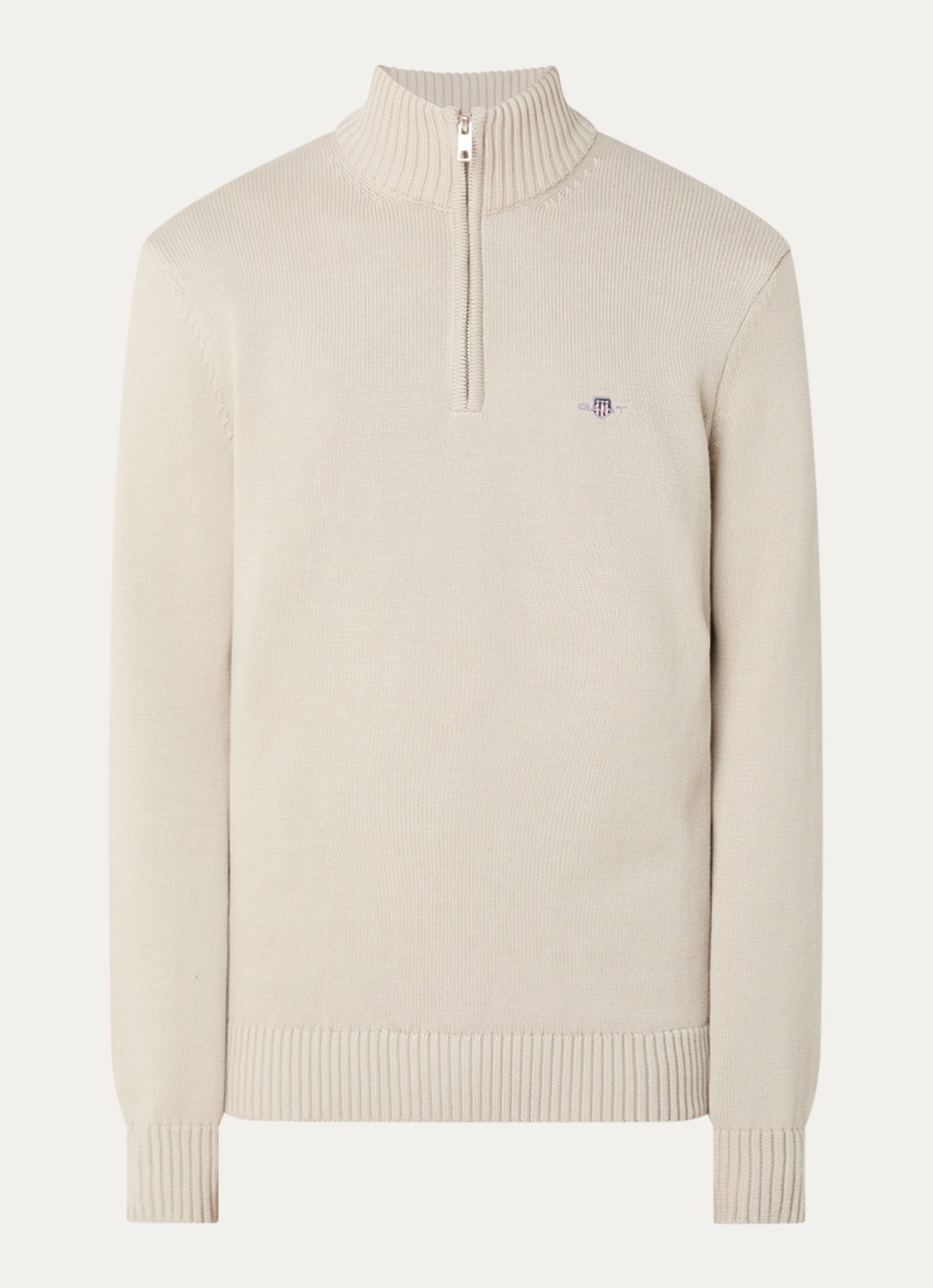 Gant Fijngebreide trui met halve rits en logoborduring - voorkant 2 creme