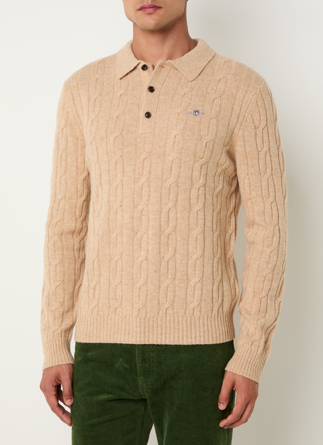 Gant Kabelgebreide trui van lamswol - detail 3 beige