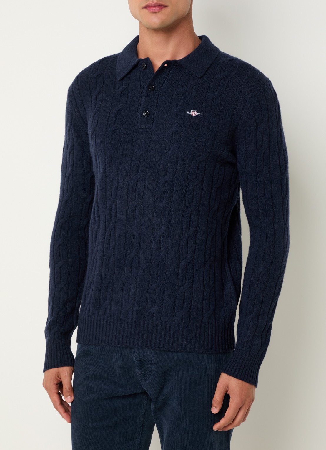 Gant Kabelgebreide trui van lamswol - detail 4 donkerblauw