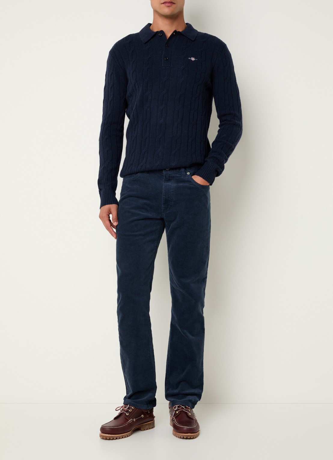 Gant Kabelgebreide trui van lamswol - voorkant 2 donkerblauw