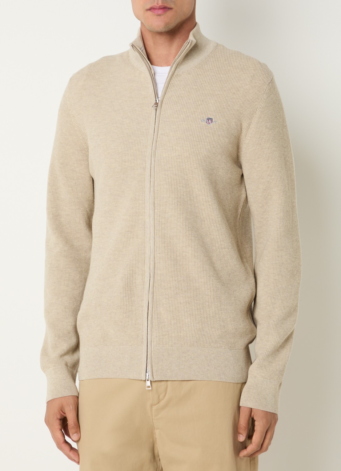 Gant Micro fijngebreid vest met logo - detail naturel