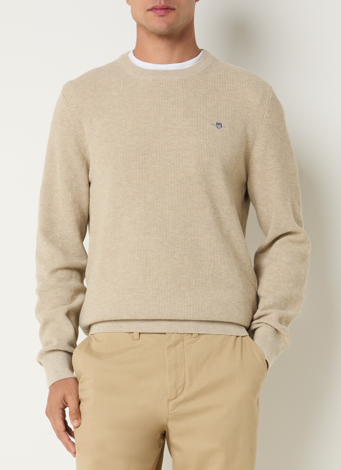 Gant Micro fijngebreide trui met logo - detail naturel