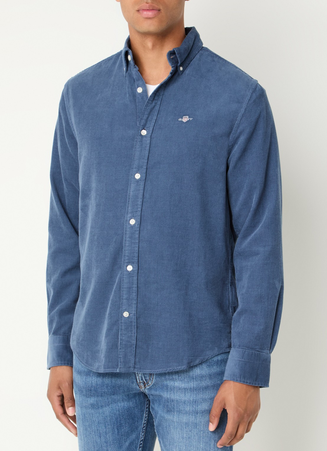 Gant Regular fit overhemd van corduroy met logoborduring - detail staalblauw