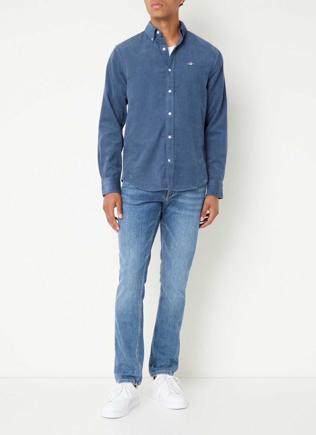 Gant Regular fit overhemd van corduroy met logoborduring - voorkant 4 staalblauw