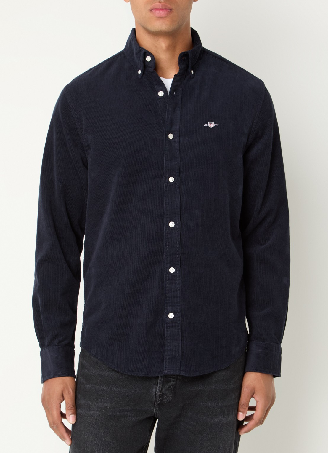 Gant Regular fit overhemd van corduroy met logoborduring - detail 3 donkerblauw