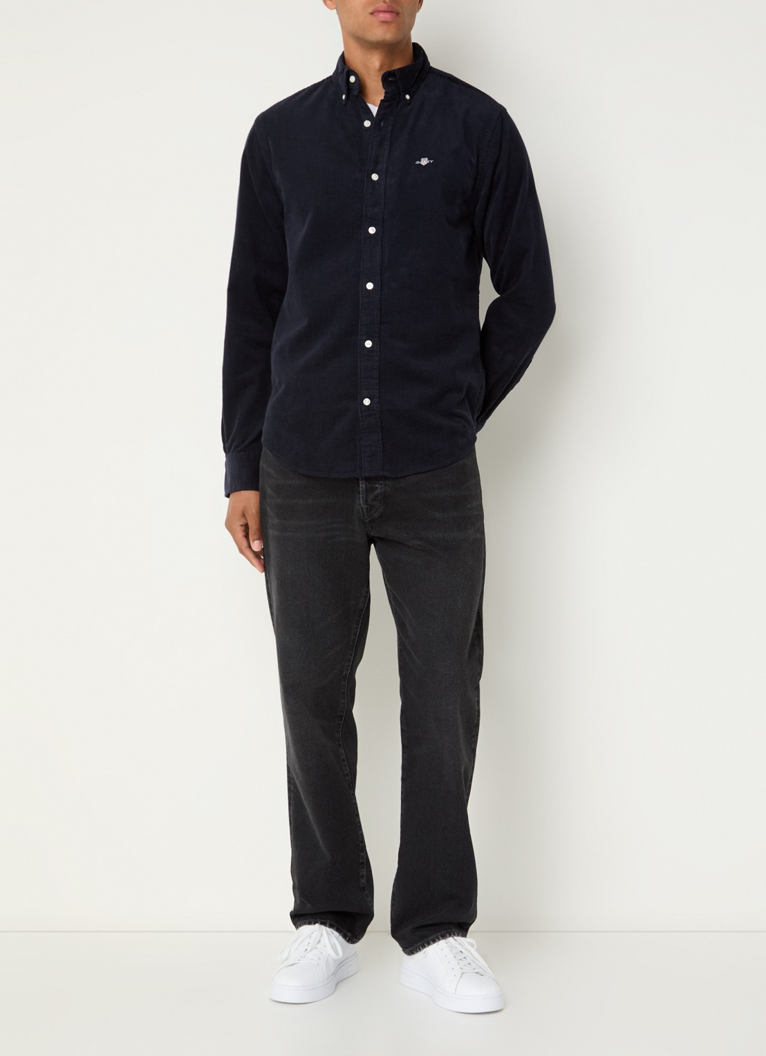 Gant Regular fit overhemd van corduroy met logoborduring - voorkant 2 donkerblauw
