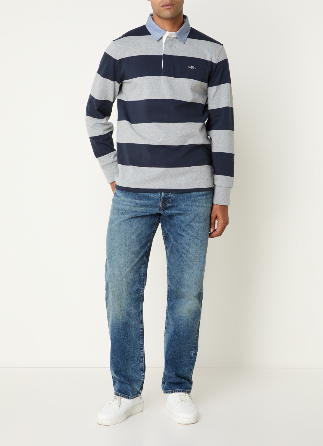 Gant Regular fit polo met streepprint en logo - voorkant 2 grijsmele