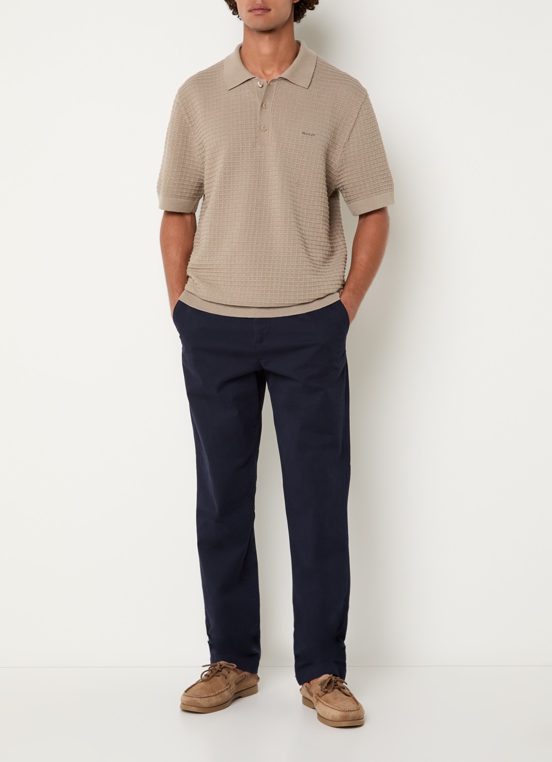 Gant Regular fit polo met structuur - voorkant 2 donkerbeige