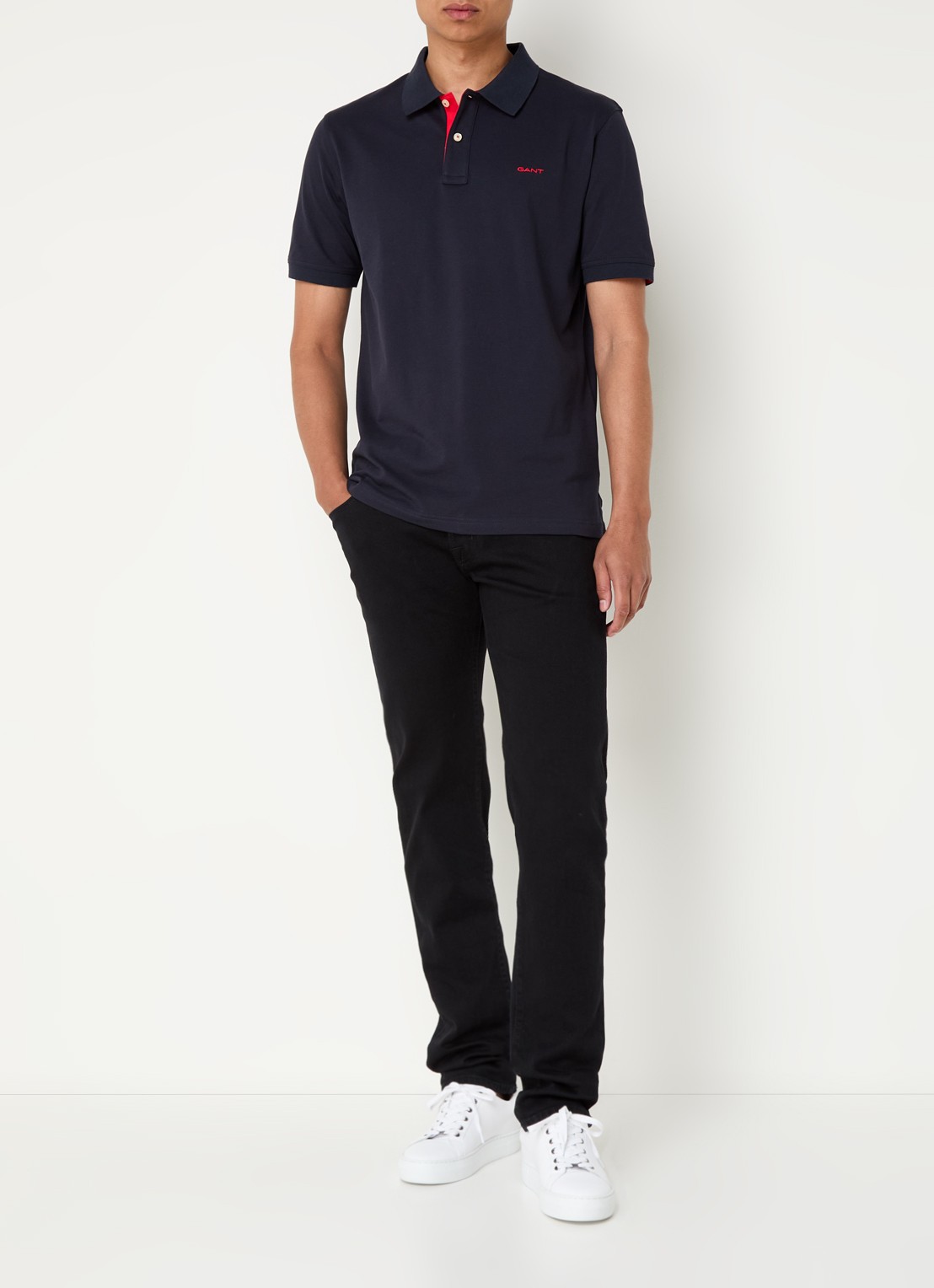 Gant Regular fit polo van piqué katoen met logoborduring - voorkant 3 donkerblauw