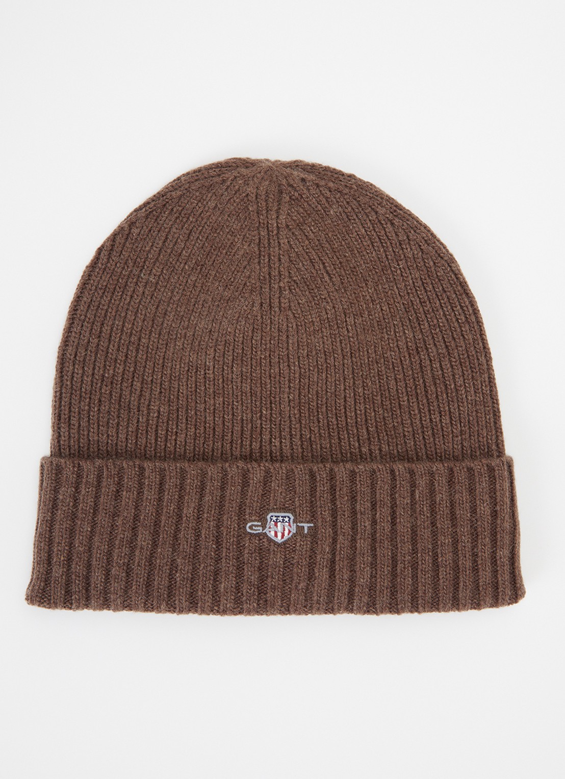 Gant Ribgebreide muts in wolblend met logo - voorkant lichtbruin