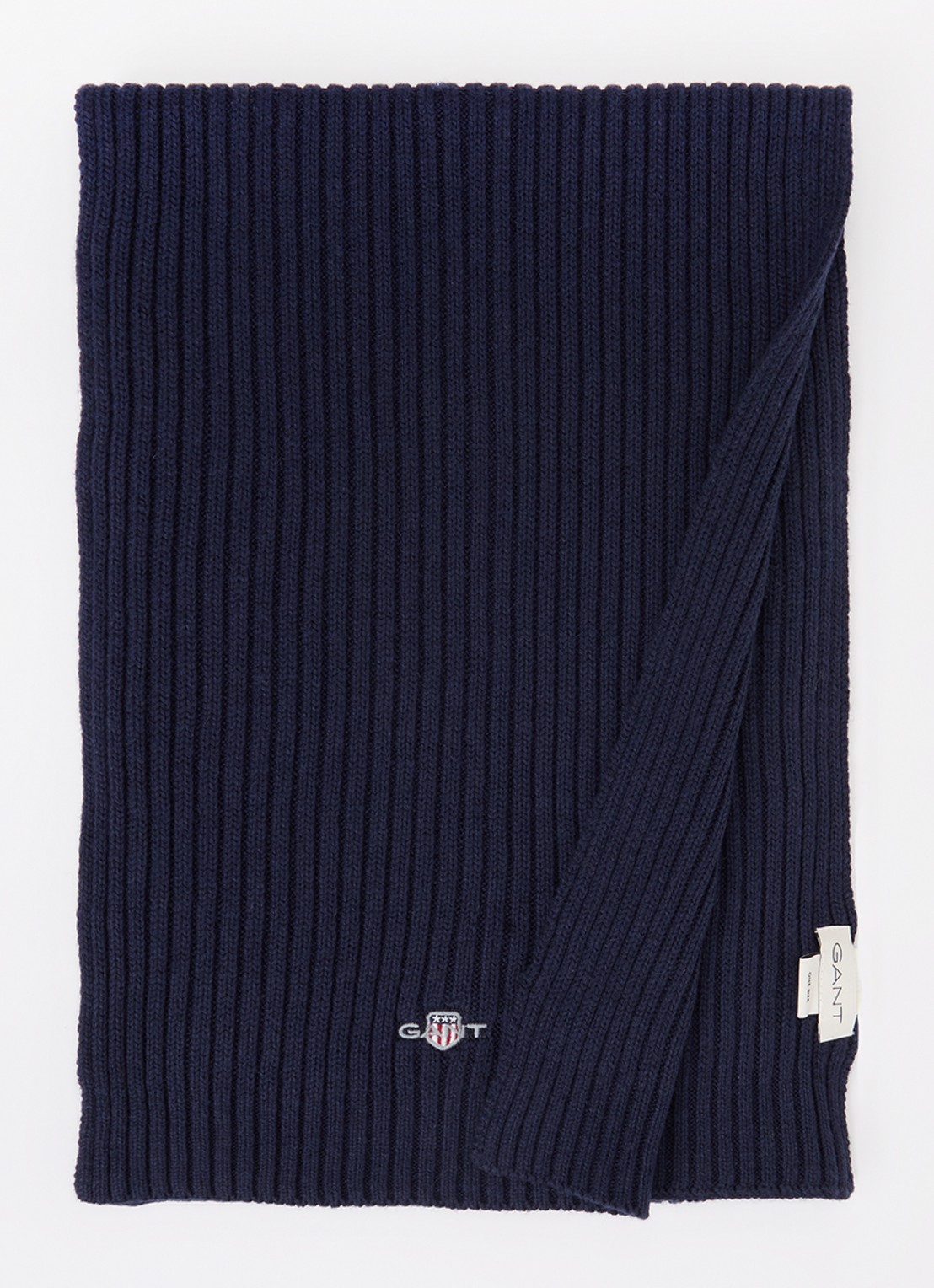 Gant Ribgebreide sjaal in katoenblend met logo 200 x 30 cm  - voorkant 3 donkerblauw