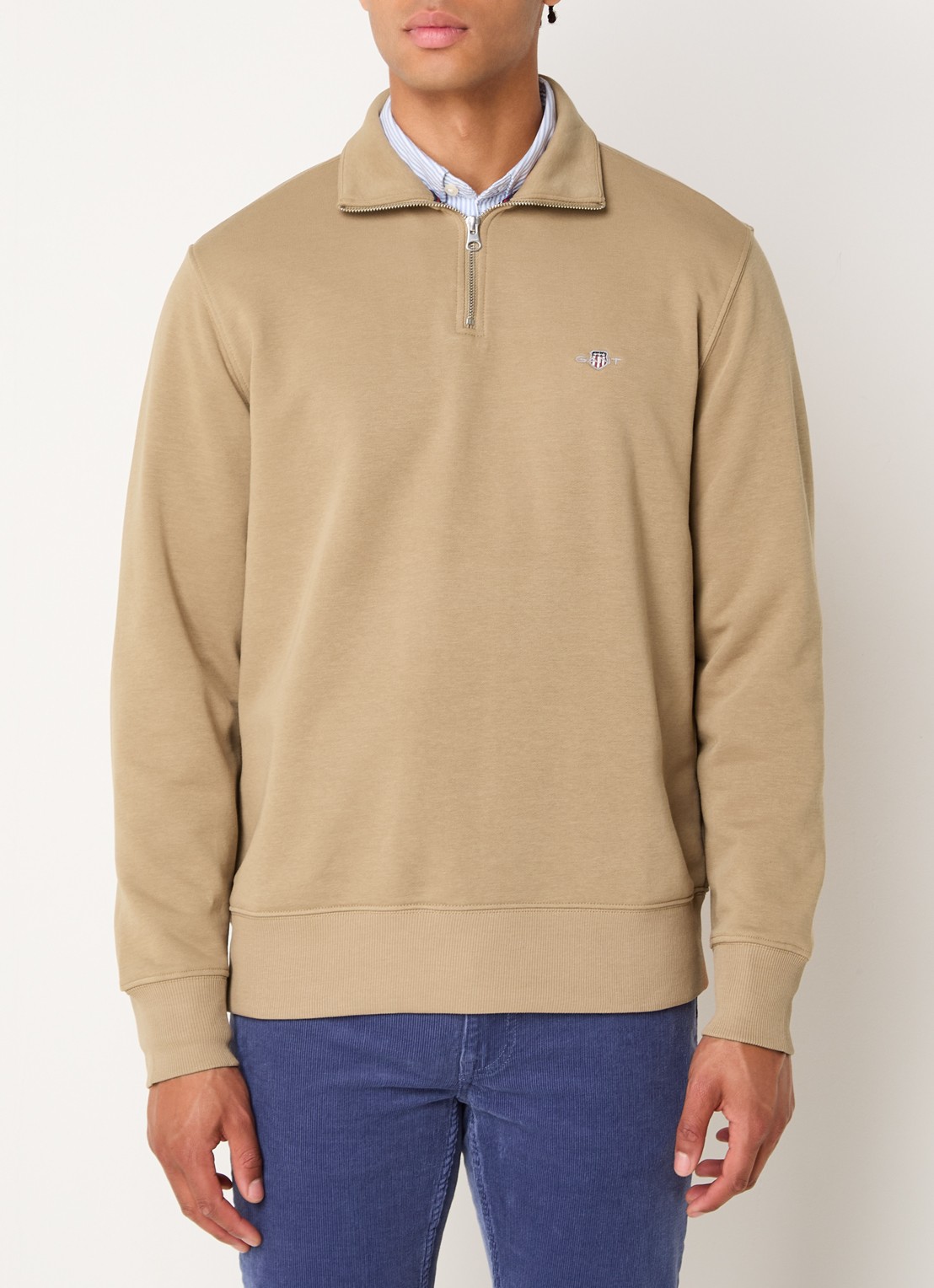 Gant Sweater met halve rits en logoborduring - detail camel