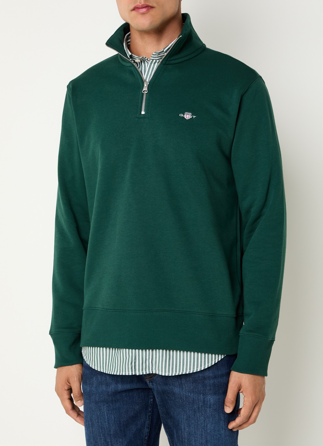 Gant Sweater met halve rits en logoborduring - detail 4 legergroen