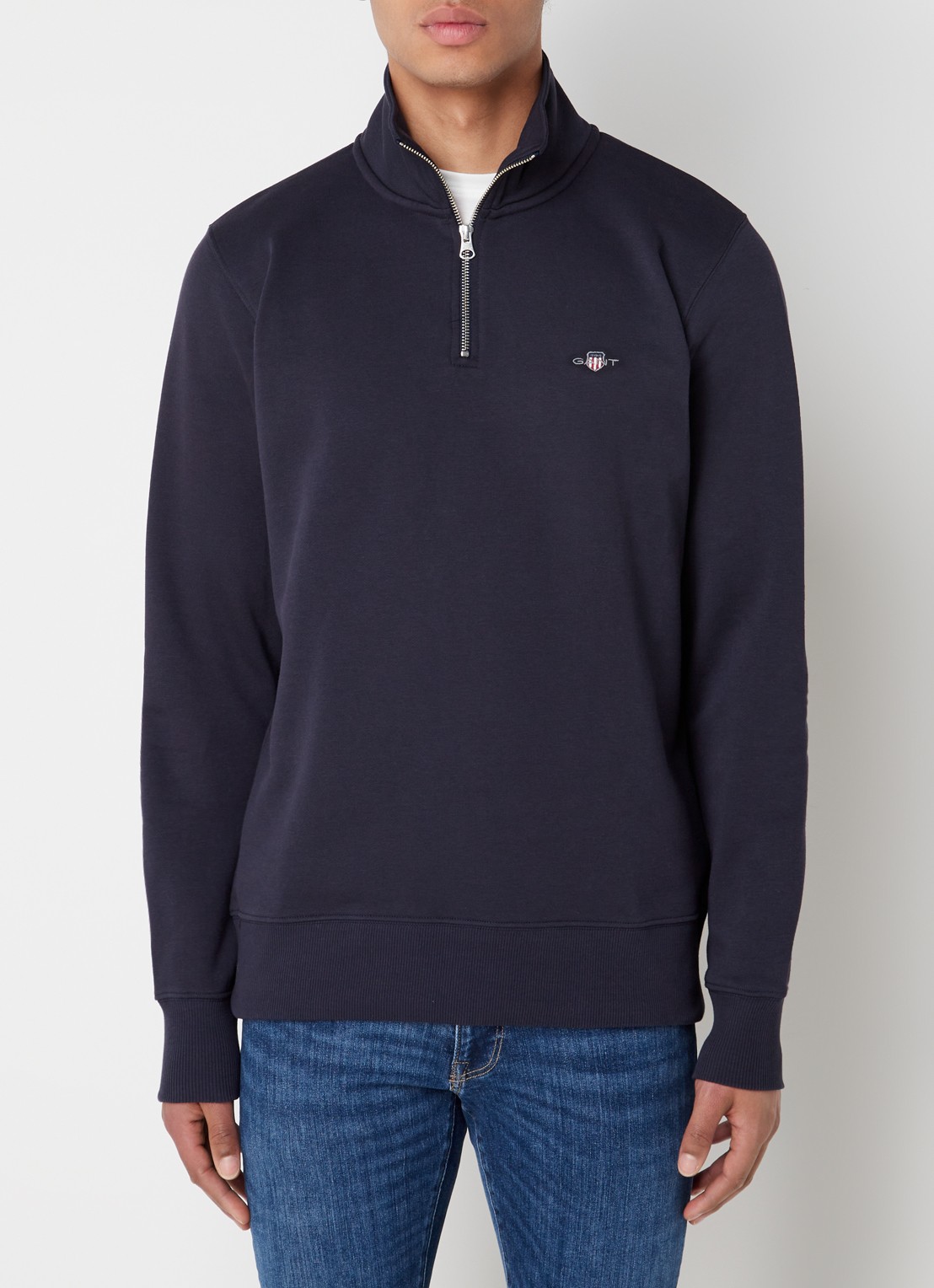 Gant Sweater met halve rits en logoborduring - detail 3 donkerblauw