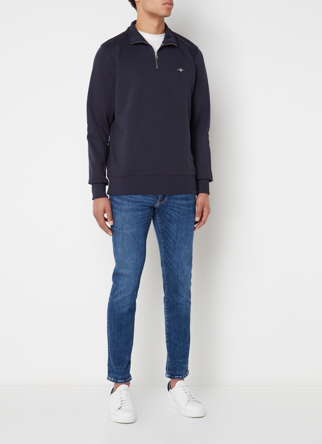 Gant Sweater met halve rits en logoborduring - voorkant 2 donkerblauw