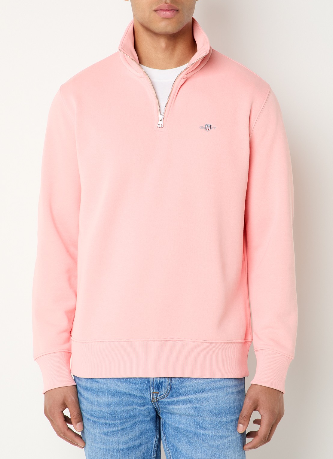 Gant Sweater met logo en halve rits - detail 4 roze