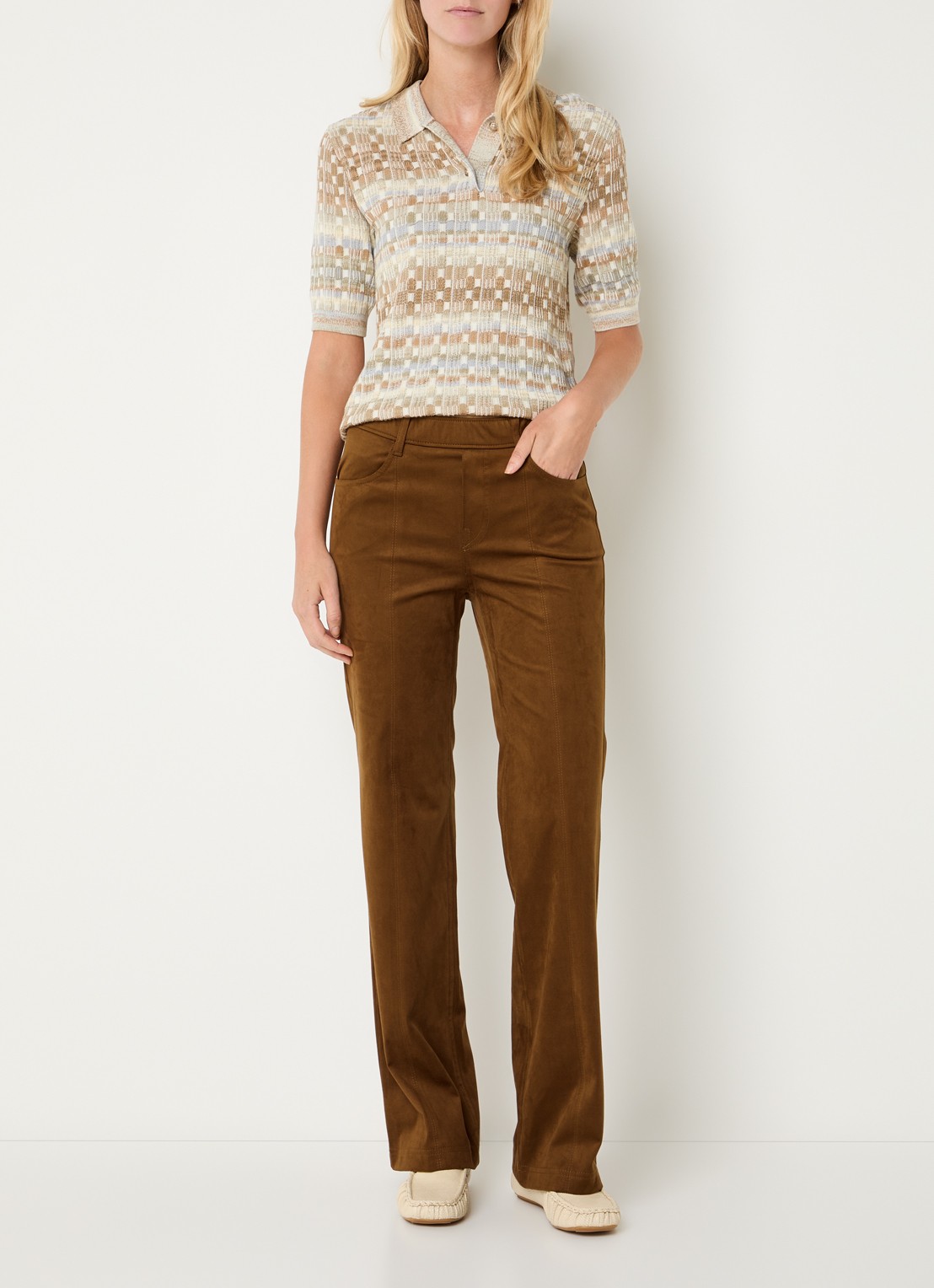 Gardeur Mid waist flared broek van suède - voorkant 3 cognac